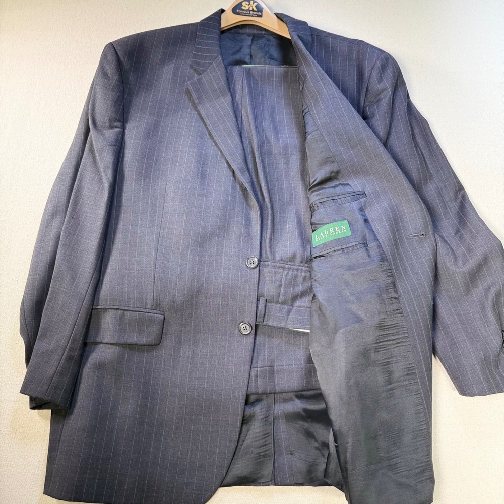 Lauren Ralph Lauren Mens Navy Blue Pinstripe 100% Wool 2 Piece Suit 40W 45C